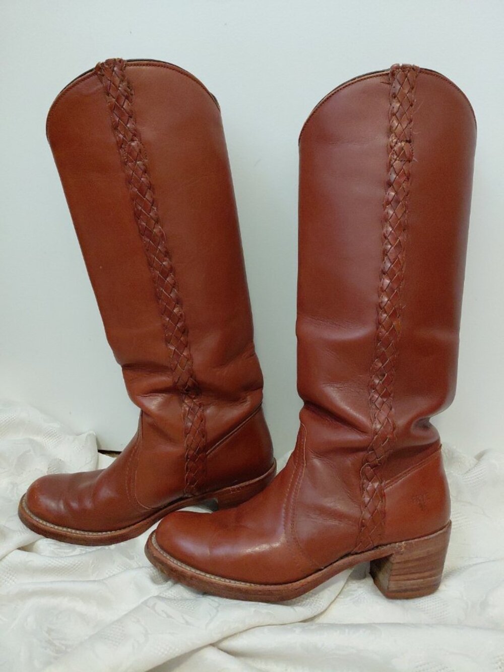 FRYE Vintage 70s Braided Sabrina Campus Boots Tall USA Made Womens 8.5 Brown - Picture 2 of 13